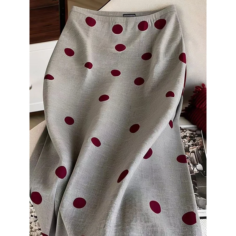 Women Polka Dot Elegant Skirt Grey High Waisted Straight Commuter Skirt Fashion Soft Slim Office Lady Midi Skirt