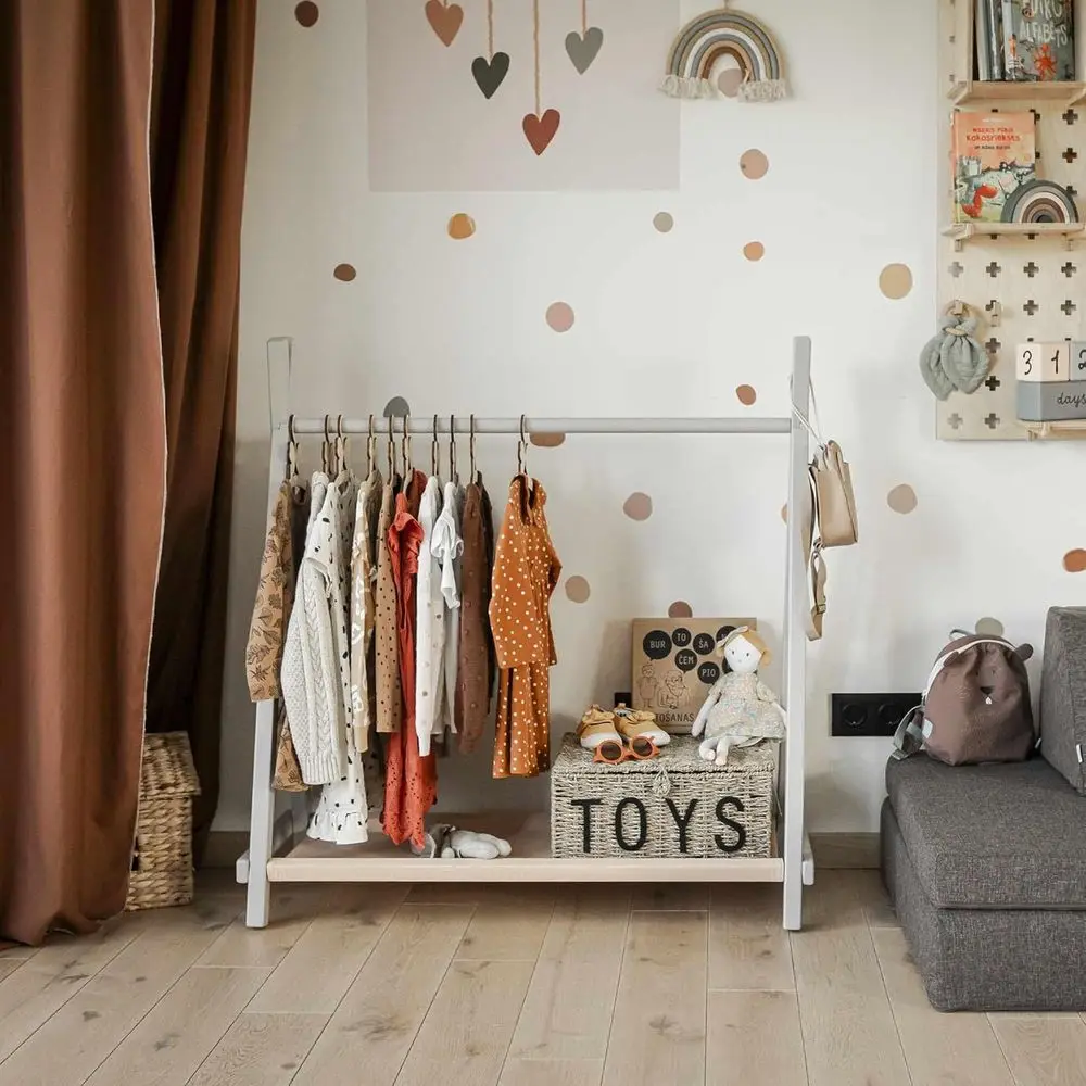 Stile Abbigliamento con portaoggetti, Abbigliamento in legno massello, Armadio per bambini, Abbigliamento in legno Appendiabiti in legno (Grigio)