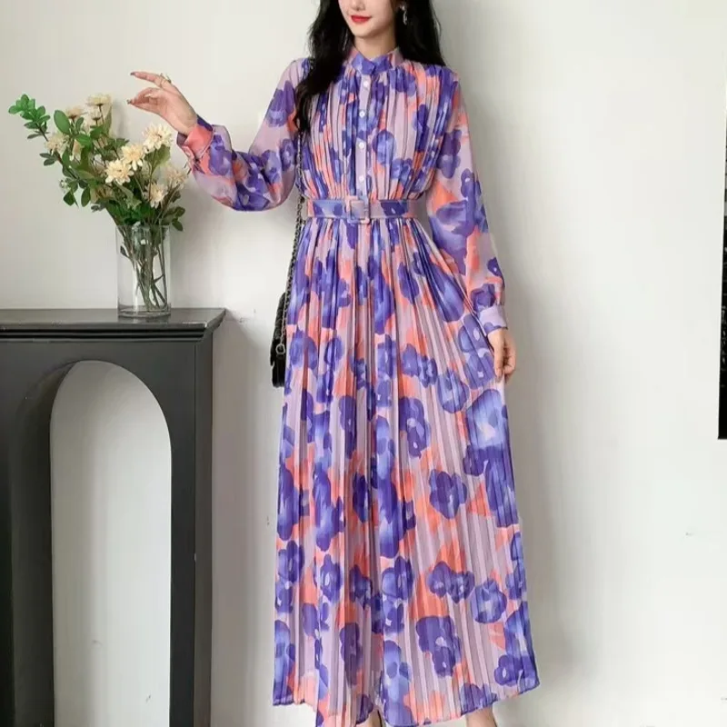 HKSH Primavera Autunno Nuove donne vestono fiore stampato colletto alla coreana maniche lunghe pieghe con cintura abiti eleganti casual francesi HK17034