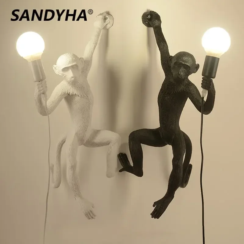 SANDYHA-luces LED colgantes con forma de mono, lámpara de cuerda de cáñamo, estilo Retro nórdico, de resina, para dormitorio, estudio, decoración del hogar, luz de mesa de pared