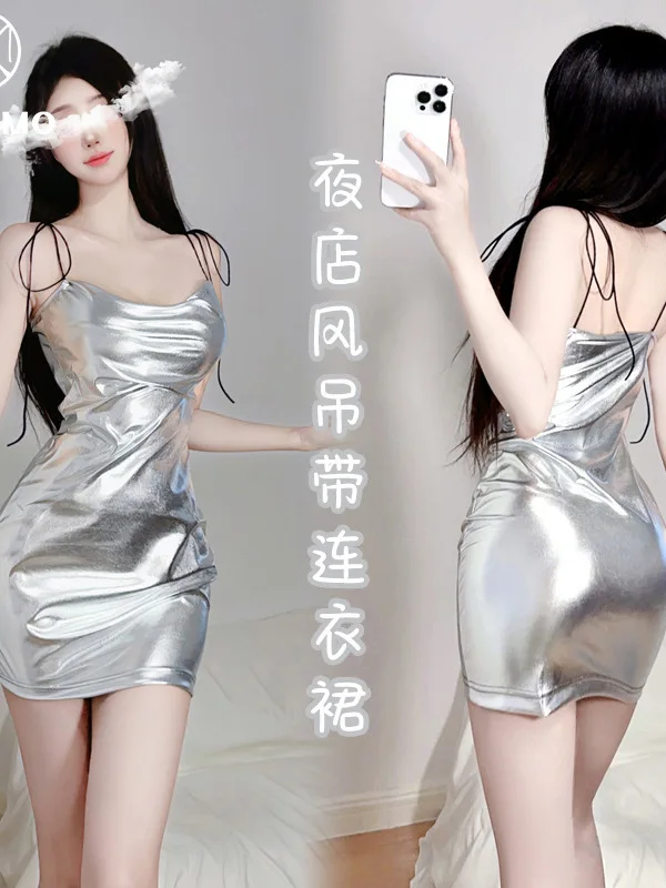 Shining Silver Nightclub Style Wrap Hip Dress Backless Fashion Slim Thin Soft Charm Sheer Sexy Uniform Passionate Women ZRIK