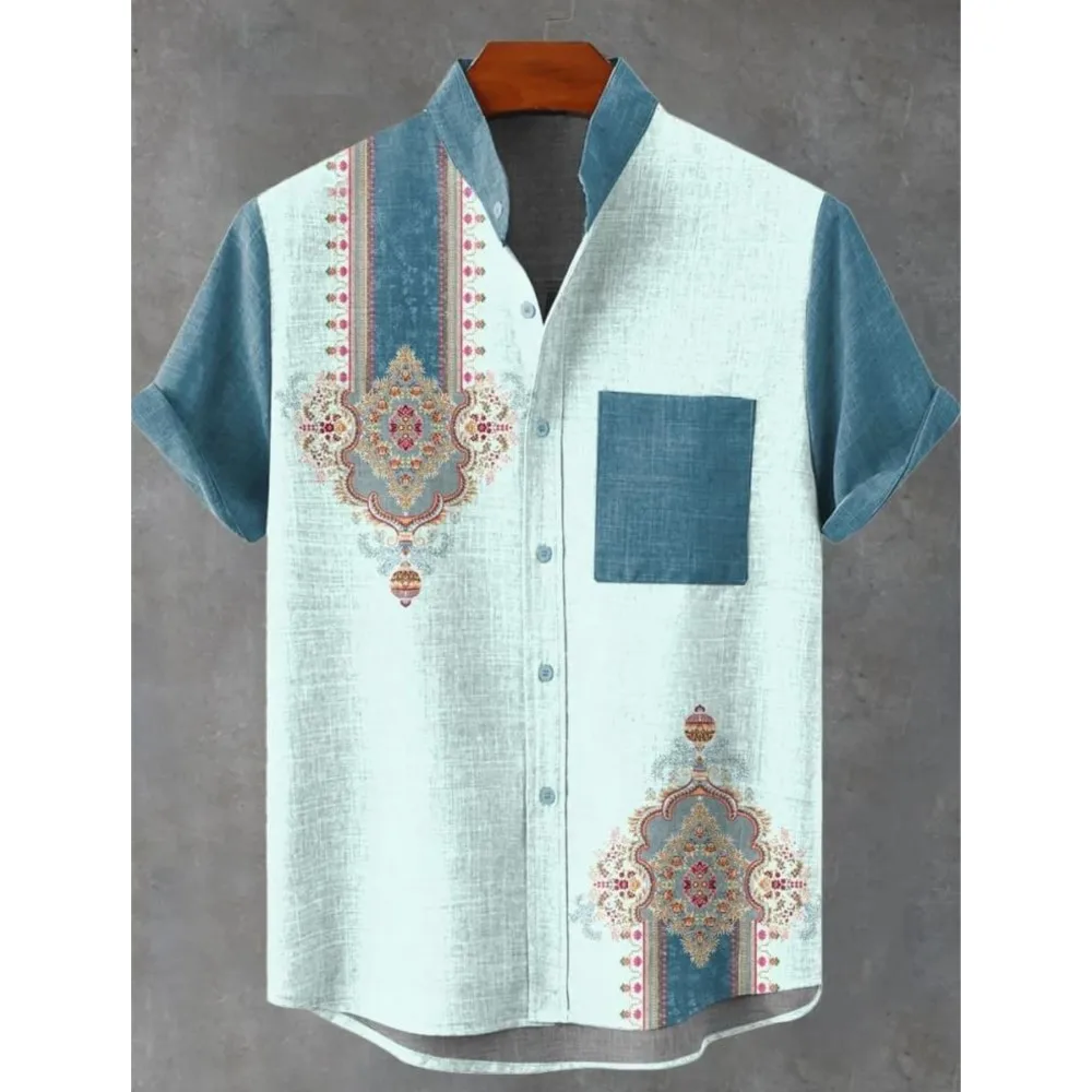 Moslim Kleding Heren 레트로 부족 토템 패턴 인쇄 남성용 리넨 편안한 패브릭 반팔 셔츠 부족 민족 스타일