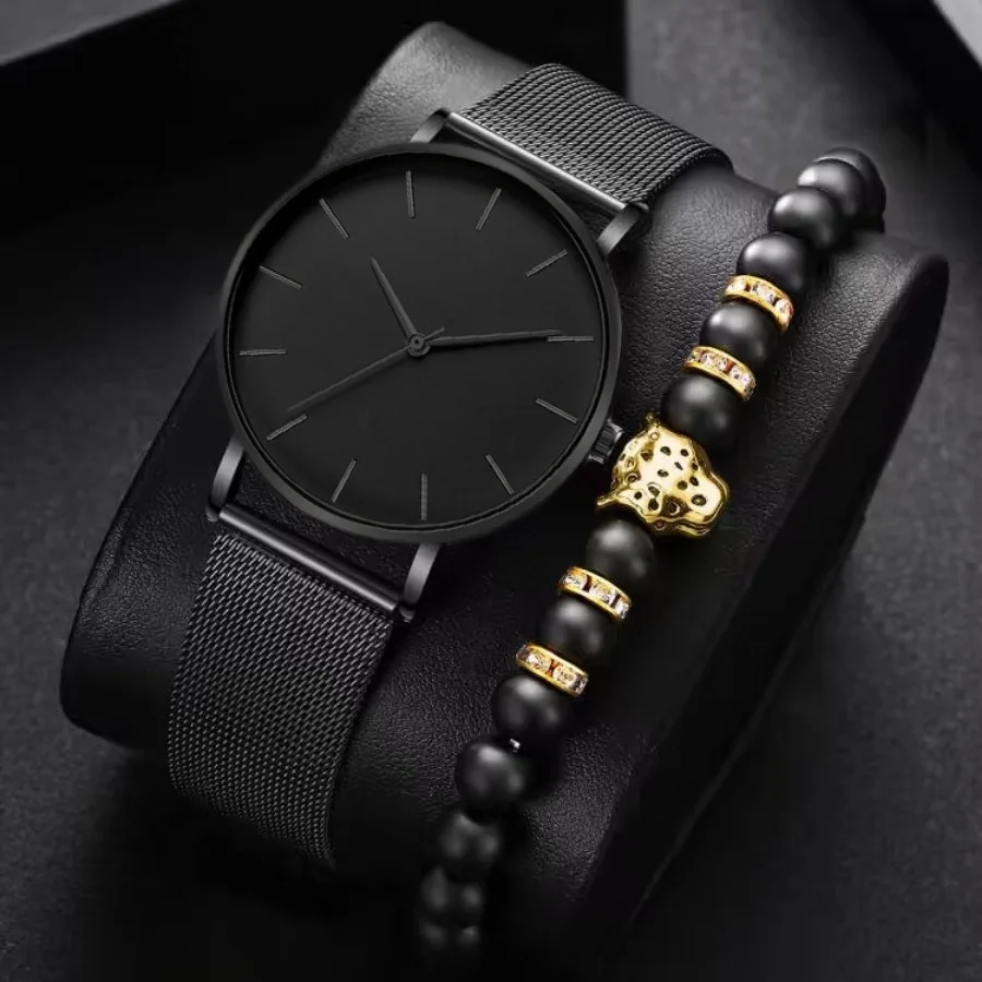 Ensemble de bracelets de montre en maille de plastique noir pour hommes, quartz d'affaires ultra fin, mode