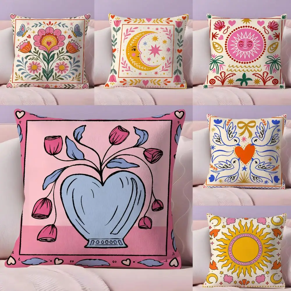 Boho Folk Sun Moon Tile Art Cushion Cover Pillow Case Plush Fabric Soft Double Sided Print Home Sofa High Quality Cushion