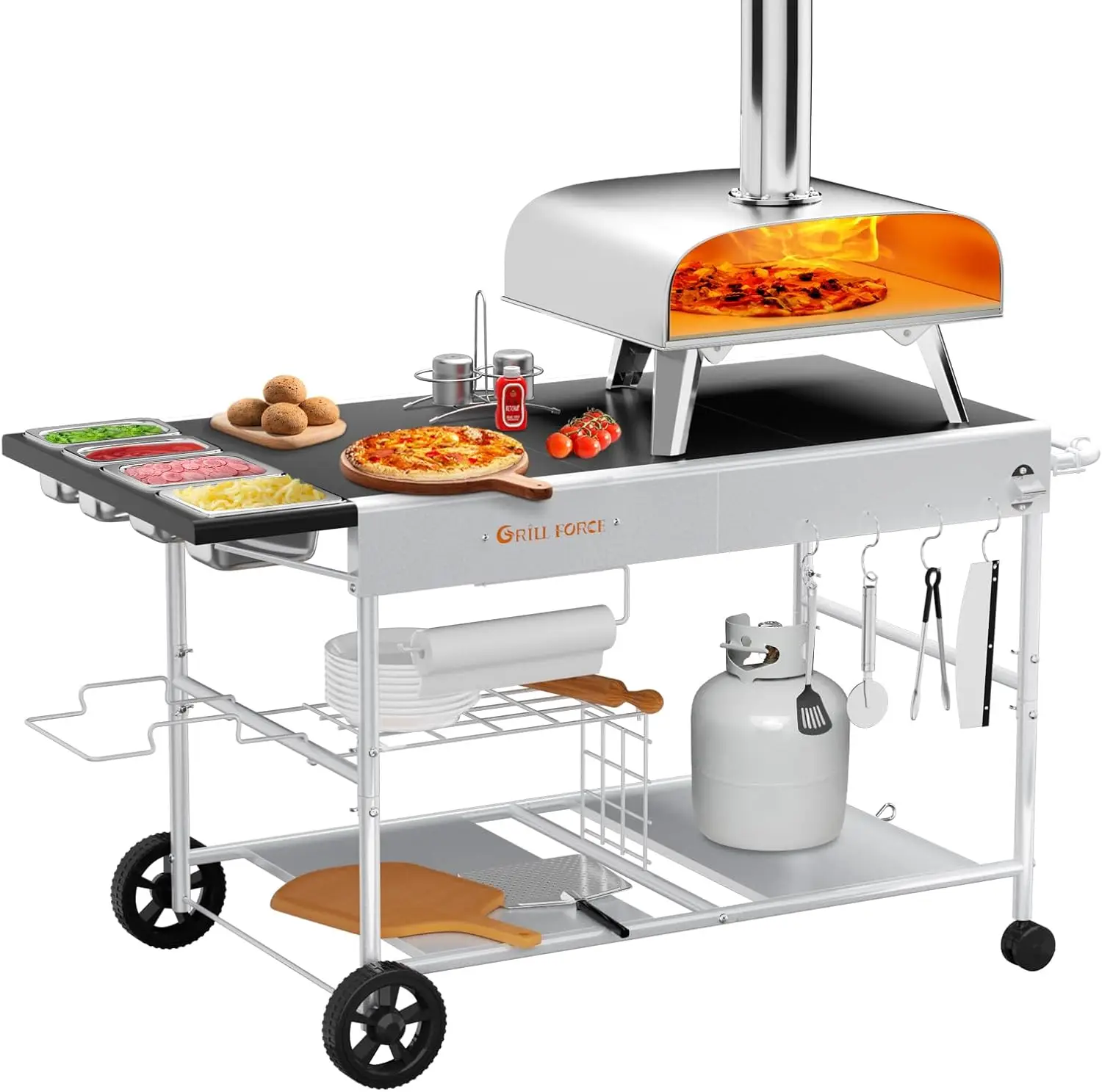 Oven Table with  Topping Station,Movable  Oven Stand,Pizza Oven Cart,Outdoor Grill Table Cart,Food Prep Work Car