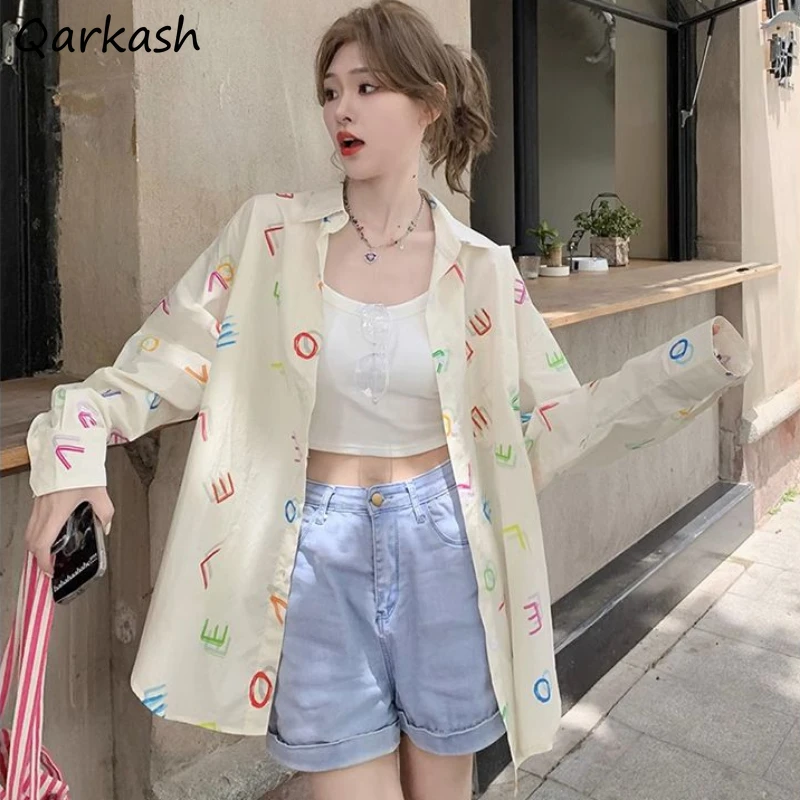 Shirts Women Long Sleeve Candy Color Letter Printed Loose Turn Down Collar Korean Fashion Sweet Girls College Students Leisure