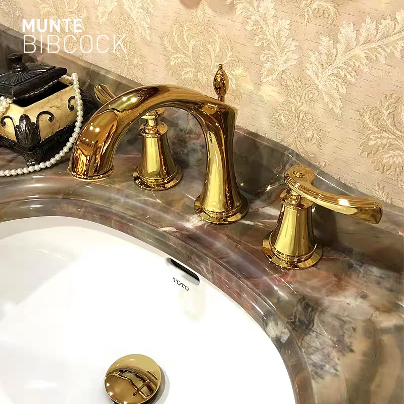 Luxury Golden Brass Bathroom sink Faucet 3 Holes 2 Handles Hot cold water washbowl Tap European design Rose gold,Brushed Gold