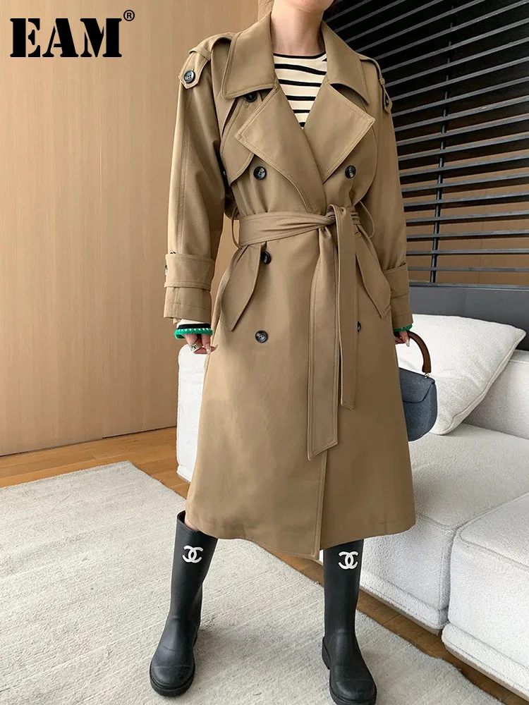 

[EAM] Women Khaki Double Breasted Big Size Long Trench New Lapel Long Sleeve Windbreaker Fashion Tide Spring Autumn 2024 1DH6601