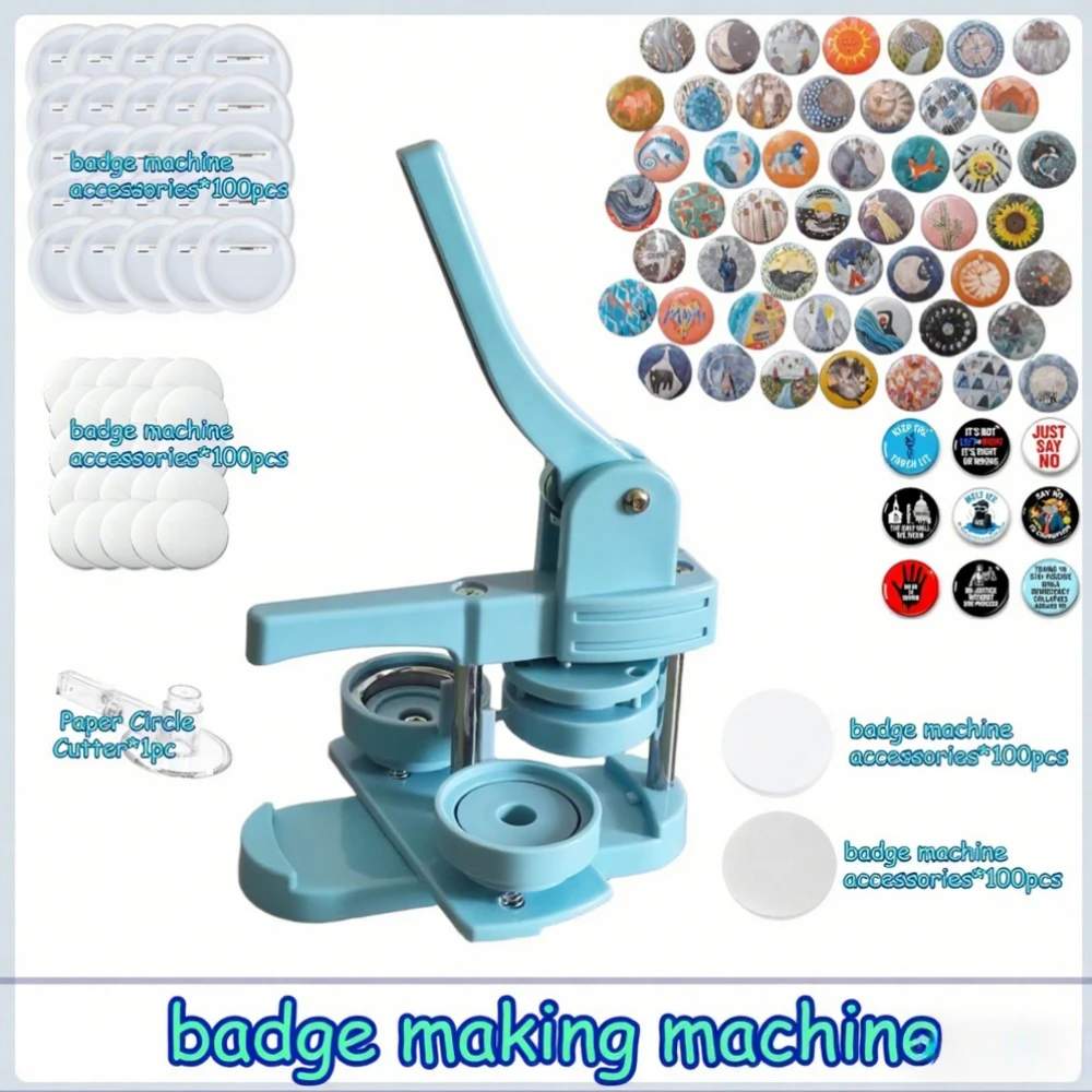 DIY Button Press Kit for Crafts, 25mm/1 Inch No-Install Machine with Circle Cutter & 100 Parts, Blue