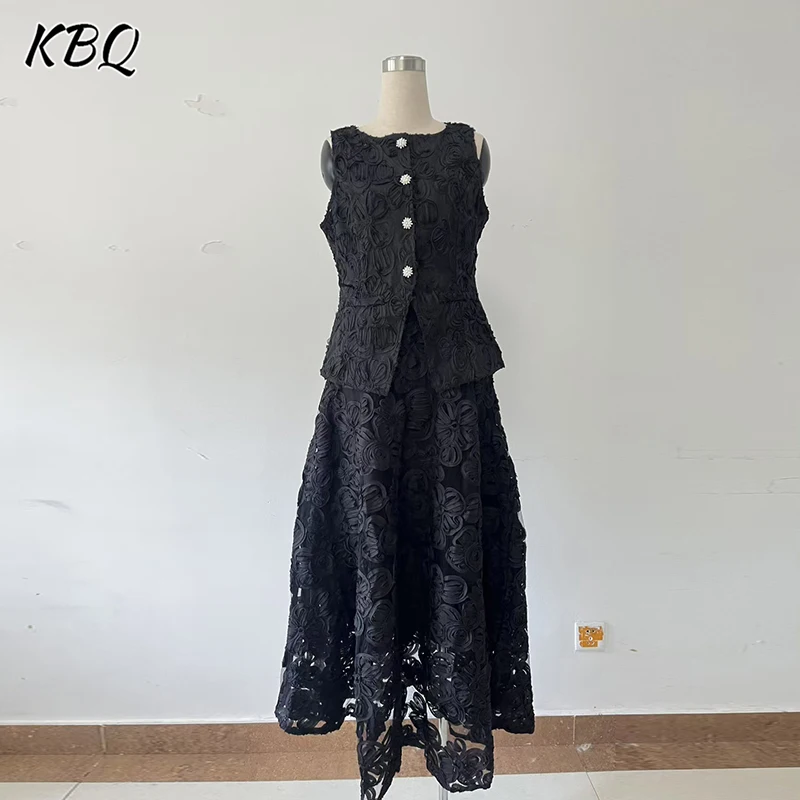 

KBQ Solid Two Piece Sets for Women Round Neck Sleeveless Spliced Button Vest High Waist A Line Skirts chic Set Female Fashion