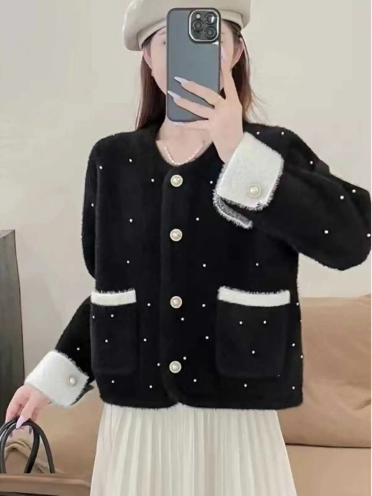 Modny kolorowy sweter z dzianiny Blo, damski płaszcz jesienno-zimowy, nowy, elegancki, zdobiony koralikami, puszysty kardigan z dzianiny Tr...