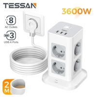 TESSAN Flat Plug Multiple Socket with 8 Outlet 3 USB Port EU Plug Socket Tower Power Strip with Switch Surge Protection for Home