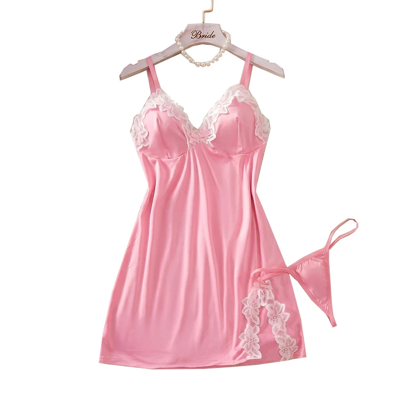 Pink Fashion Home Underwear Women's Sexy Suspender Dress Pajama Set Lace Deep V-neck Sexy Nightgown Underwear Two-piece Set