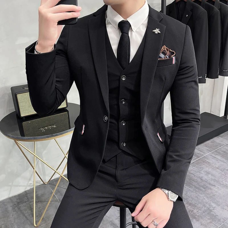 (Jackets+Pants+Vest)High Quality Slim Fit Party Suit Mens Tuxedos Formal Business Wedding Social Suits Woven Decorate 3 Pcs Set