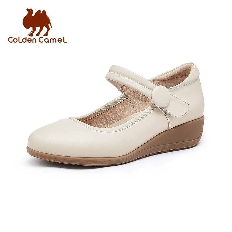 GOLDENCAMEL Women\'s Shoes Cowhide Casual Mary Jane Shoes Wedge Heel Hollow Leather Single Ladies Shoes for Women Comfortable