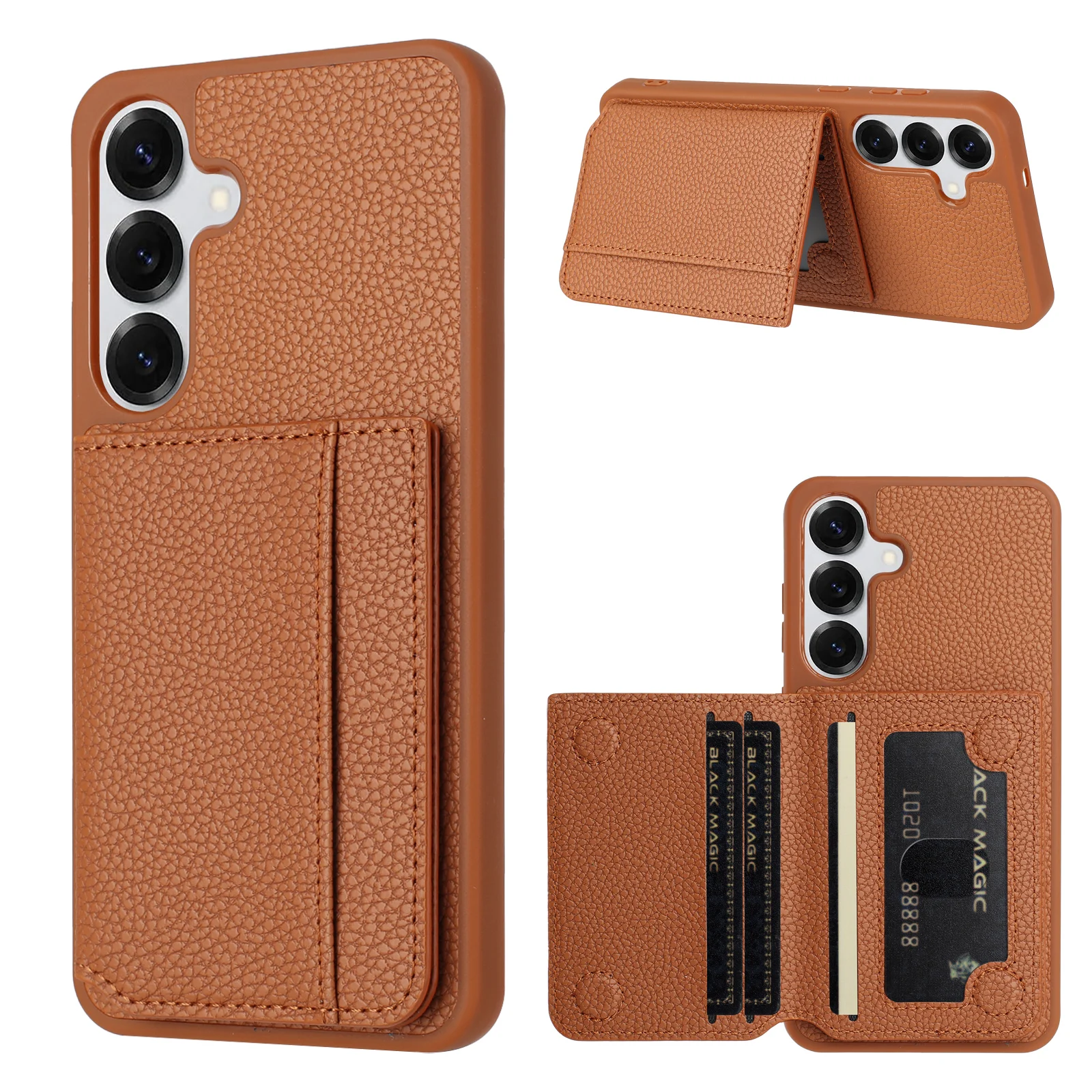 Lychee Grain Magnetic Leather Wallet Card Solt Phone Case For Samsung S25 Ultra S24 Plus S23 S22 A16 A26 A17 A07 Kickstand Cover