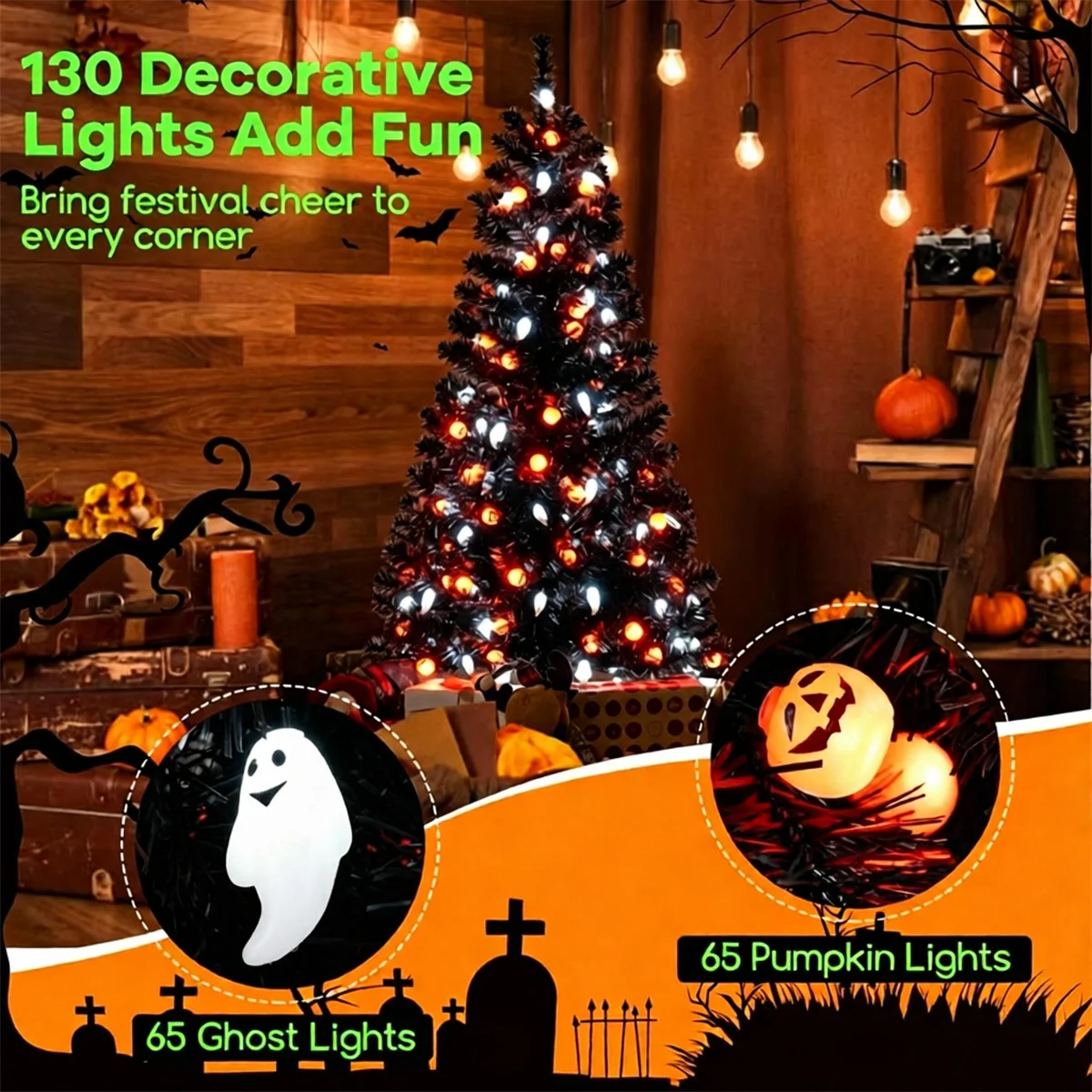 4.5 FT Pre-Lit Black Halloween Tree with 65 Ghost Cold White Lights & 65 Pumpkin Orange Lights, Infrared Motion Sensor 5 Halloween Sound Effects 6 Light Modes Flame Retardant PVC Spooky Decor Tree for Home Office Store