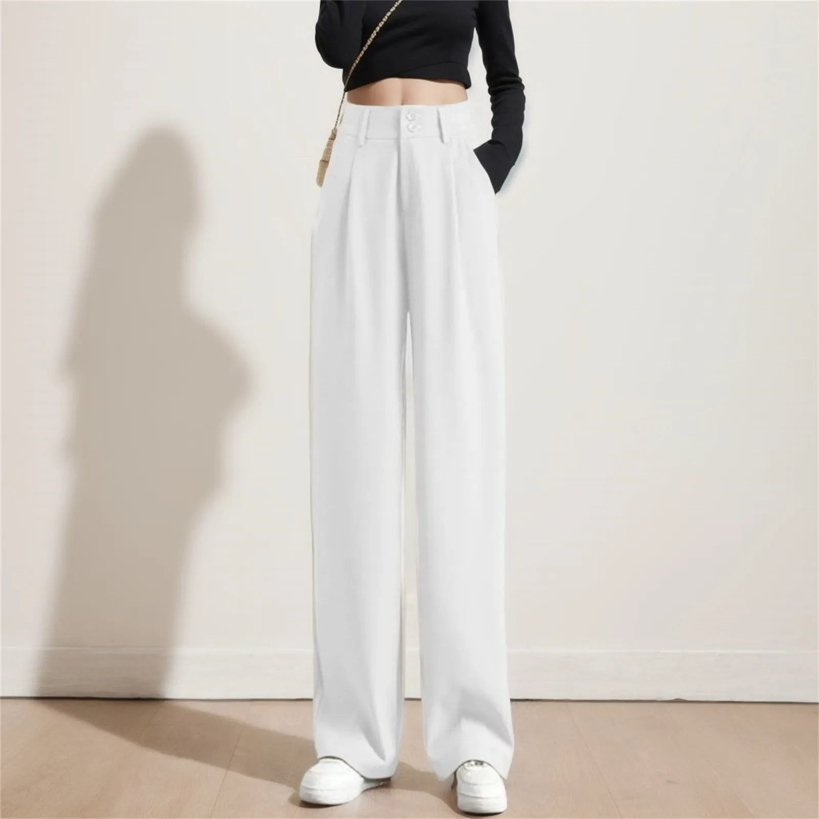 Ladies Casual High Waist Loose Wide Leg Pants Spring Autumn New Female Floor-Length White Suits Pants Ladies Long Trousers