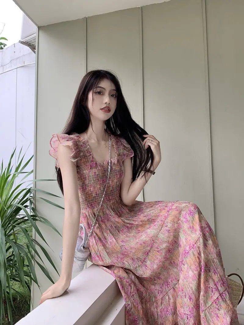 Grote maat bloemenrok Jurk met vliegende mouwen Dames Nieuw Vierkante hals Temperament Slank