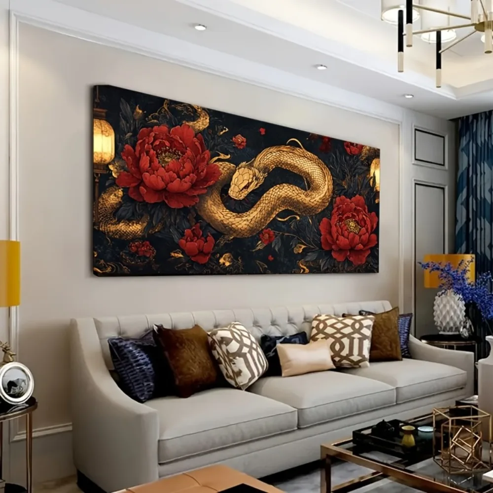 فن قماش فاخر على شكل زهرة التنين - إطار من خشب الصنوبر الصلب بسمك 1.5 بوصة، ديكور داخلي على الطراز العتيق