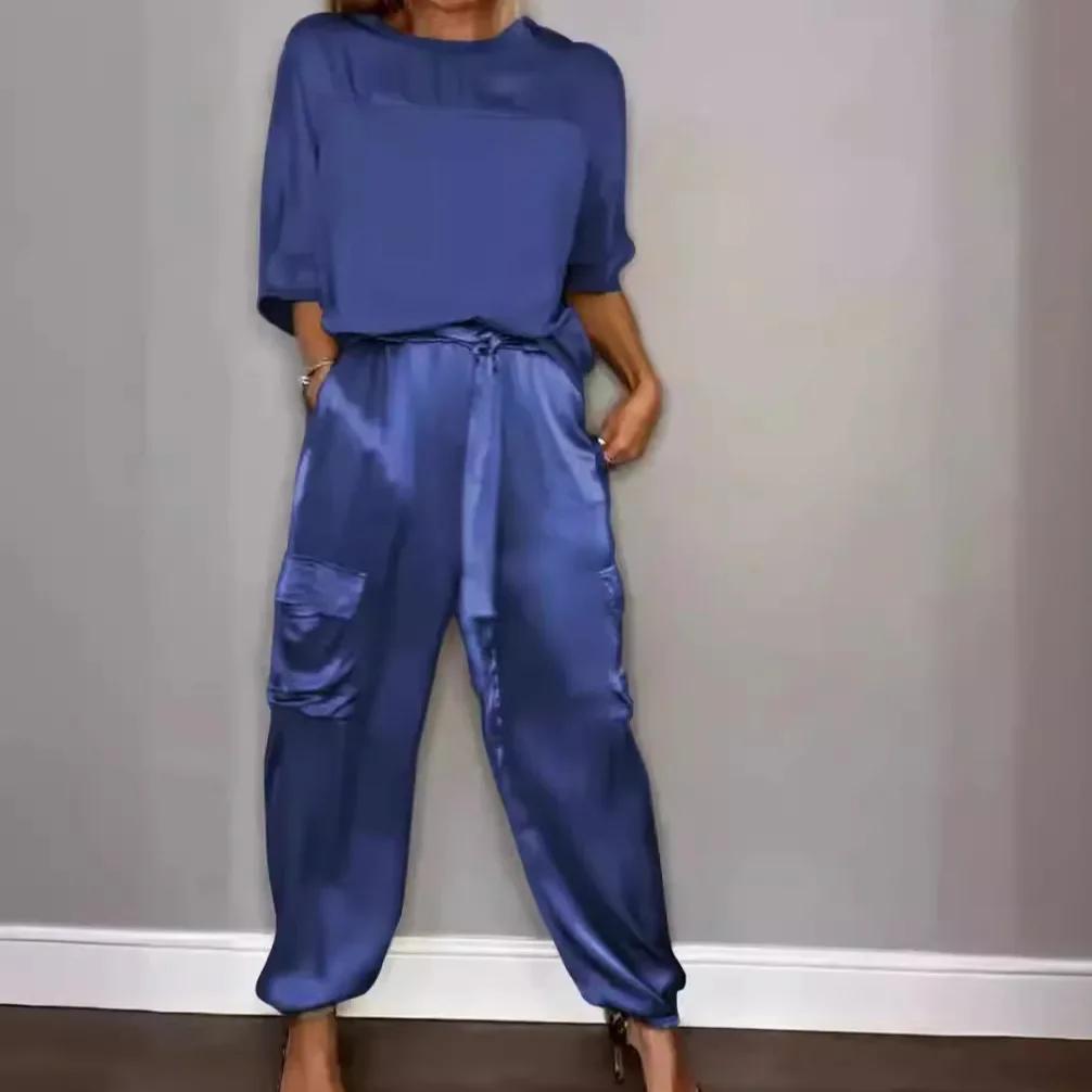 Women's Sets 2 Pcs Sale Casual O-Neck Half Sleeve Solid Satin Ribbon Pullover Shirt Tops&Pocket Harem Full Pant Suits