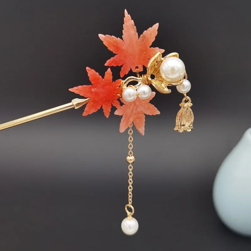 Maple Leaf Hairpin Chinese Hair Stick Pearl Tassel Hair Bun Jewelry Vintage Girls Hanfu Cosplay Hair Clasp Chopstick Retro Tiara