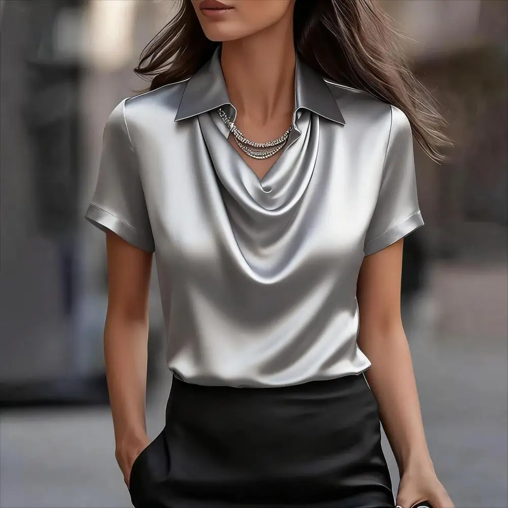 

Женские топы свободного кроя: атласная летняя рубашка с коротким рукавом, воротником-лацканом, свободная блузка для комфортного ношения