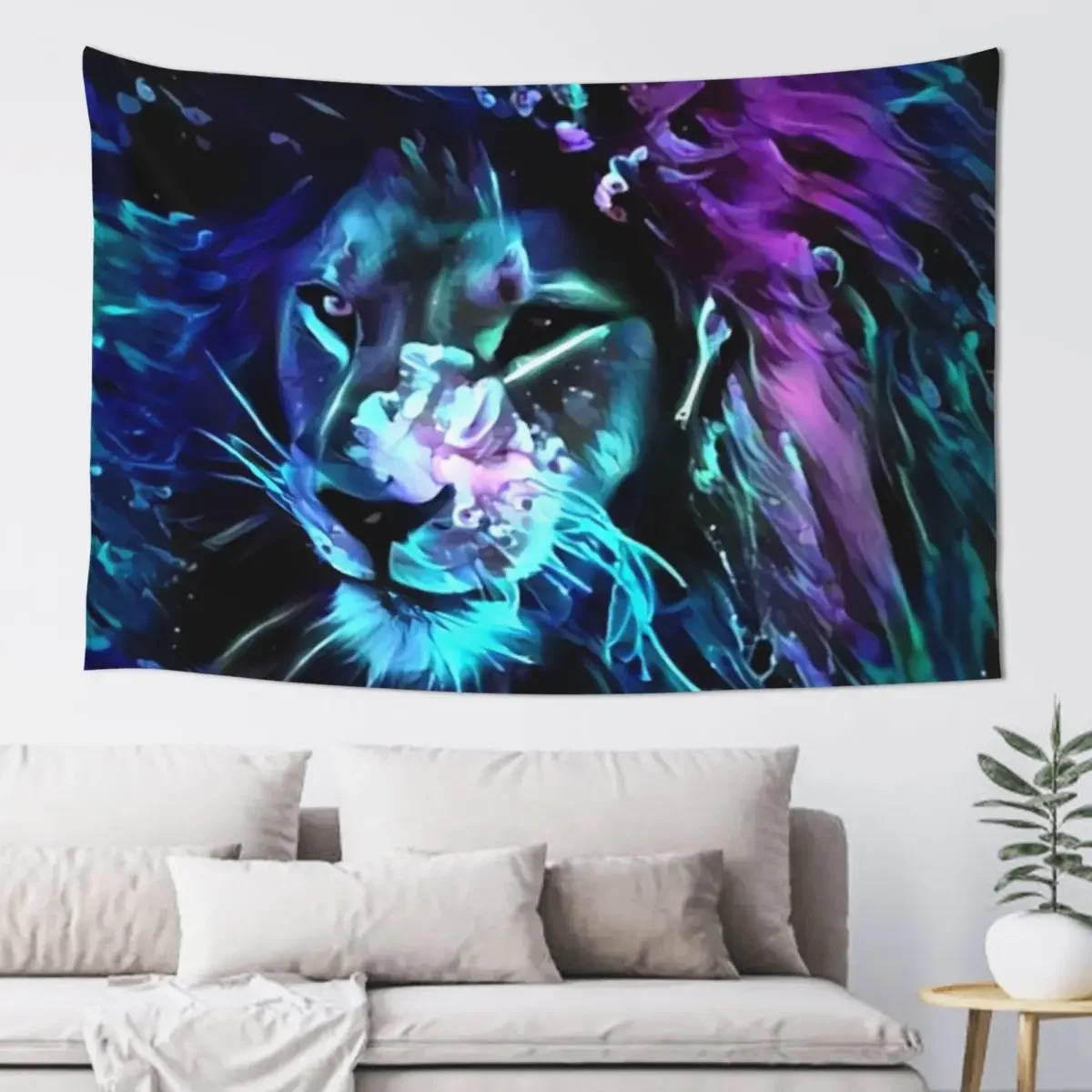 

Night of the Neon Lion Tapestry Art Mural Carpet Wall Room Decor Cute Tapestry