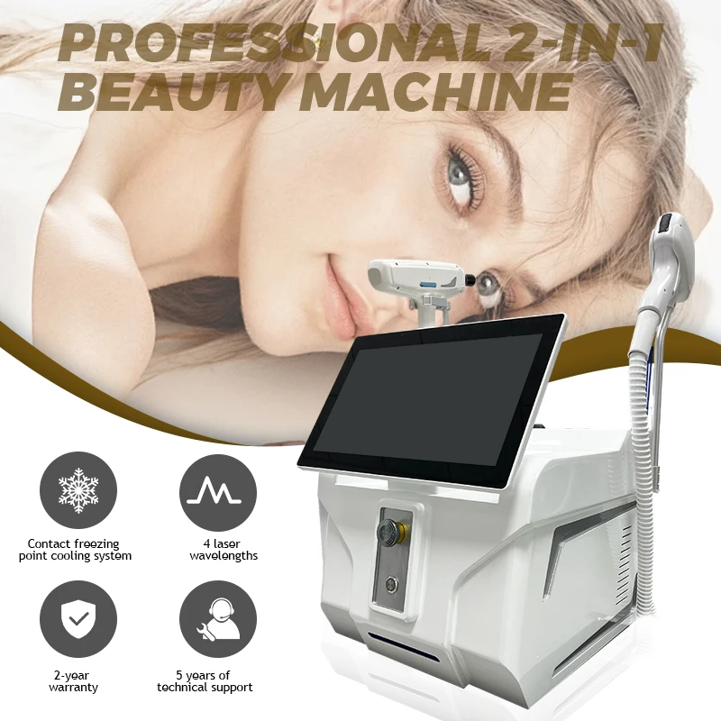 

Профессиональный диодный лазер 2-в-1 для салонов красоты, 808 нм, для удаления волос, пикосекундный лазер Q-switch ND YAG для удаления татуировок, 4000 Вт