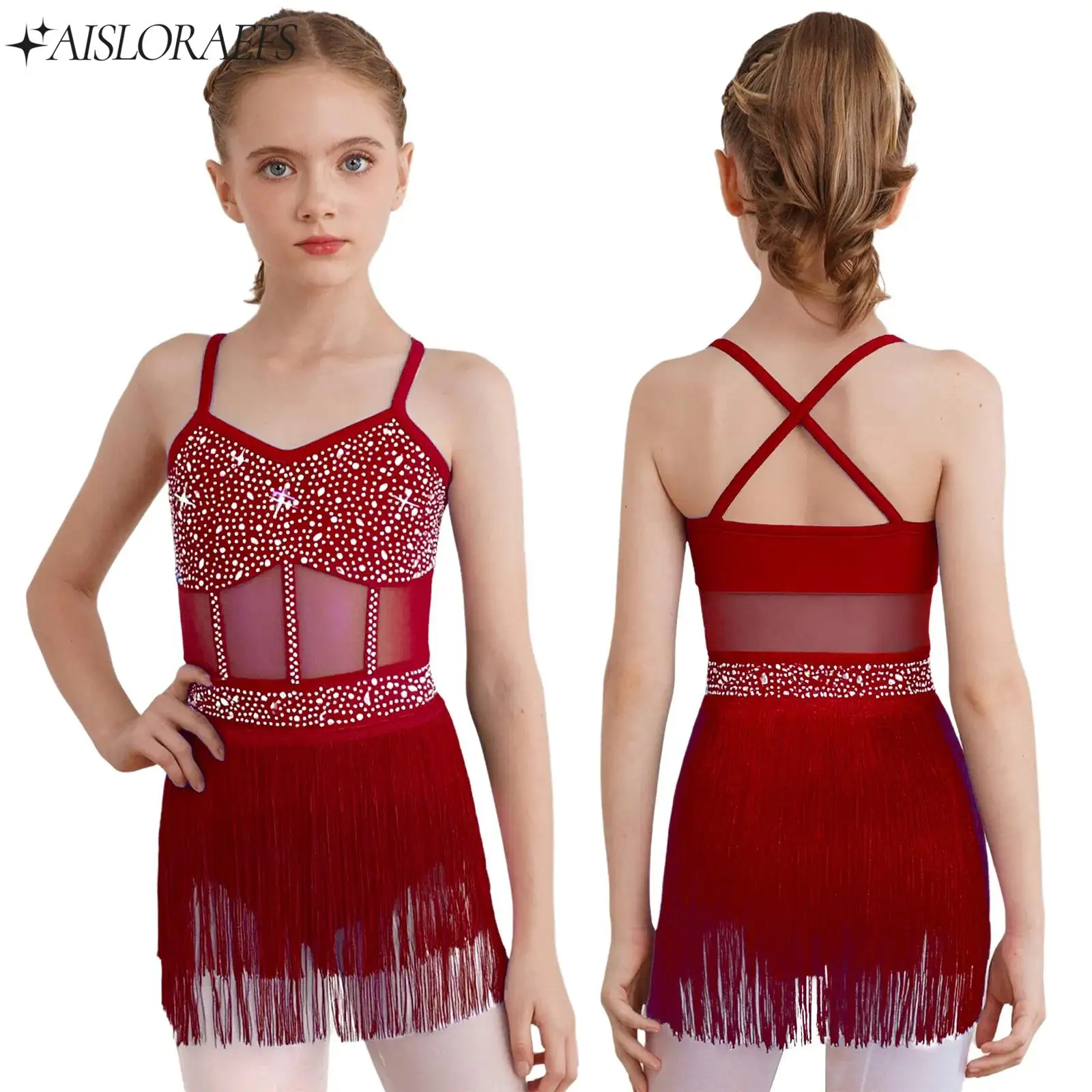 

Girls Rhythmic Gymnastics Figure Skating Latin Tango Dance Costume Performance Dance Wear Rhinestone Mesh Tassel Leotard Dress