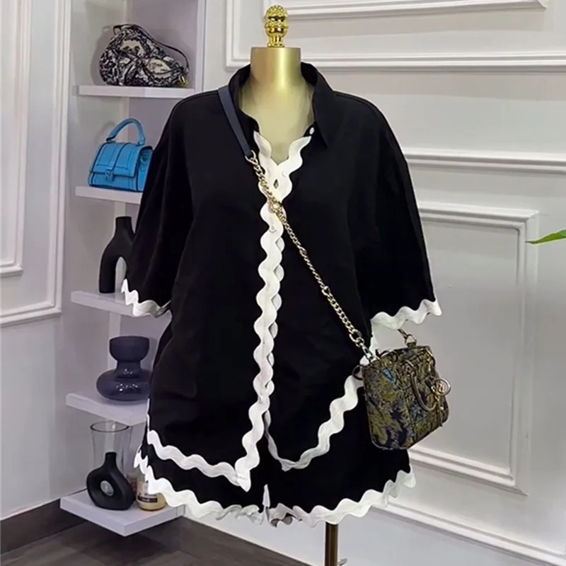 2025 ฤดูร้อนใหม่ผู้หญิง 2 ชิ้นแฟชั่นหลวม Splicing เสื้อขากว้างกางเกงขาสั้นชุดลําลอง