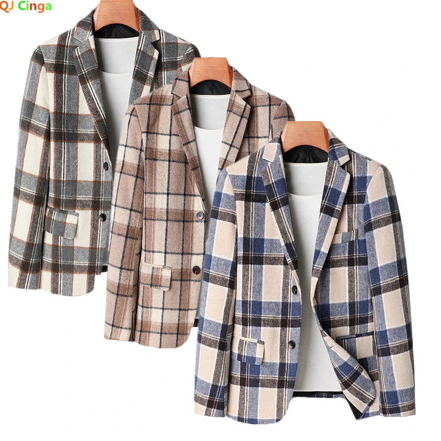 

Tweed Suit Jacket Men's Fashion Slim Plaid Blazers Coat Suitable for Autumn and Winter Blue Gray Khaki Can Choose M-4XL 5XL 6XL