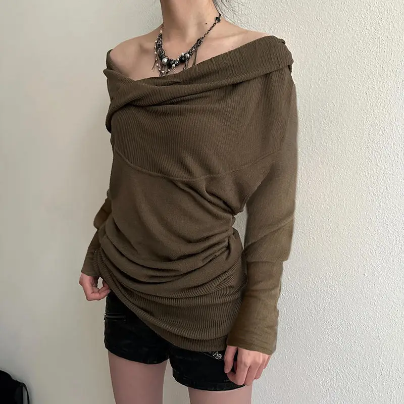 

Wasteland Style Pleated Hooded Sweater Slimming and Form-fitting Woolen Top