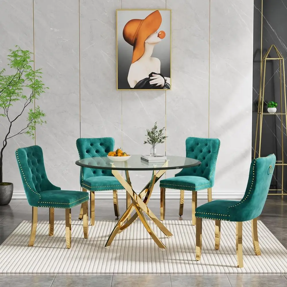

Gold 36 Round Tempered Glass Dining Table with 4 Green Chairs