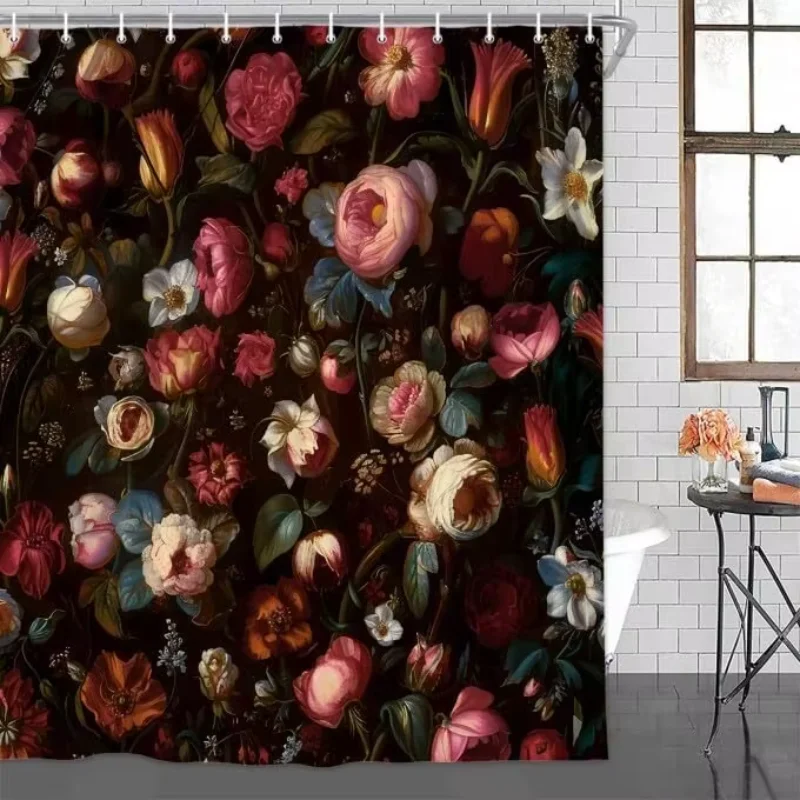 Vintage Floral Shower Curtain suit Red Floral Plant Bathroom Shower Curtain, Bohemian Style Bathroom Decoration 180X180CM