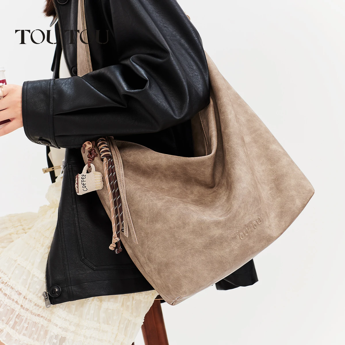 

TOUTOU Coffee Tote Bag Women Soft Leather Large Hobo Bag Casual Commuting Single Shoulder Crossbody Underarm Bag Christmas Gift