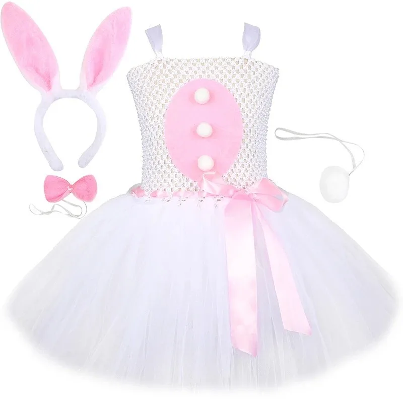 Easter White Bunny Outfit Set Girls Cartoon Princess Mesh Tutu Dress Kids Festival Cosplay Role Play Costume for Holiday Party