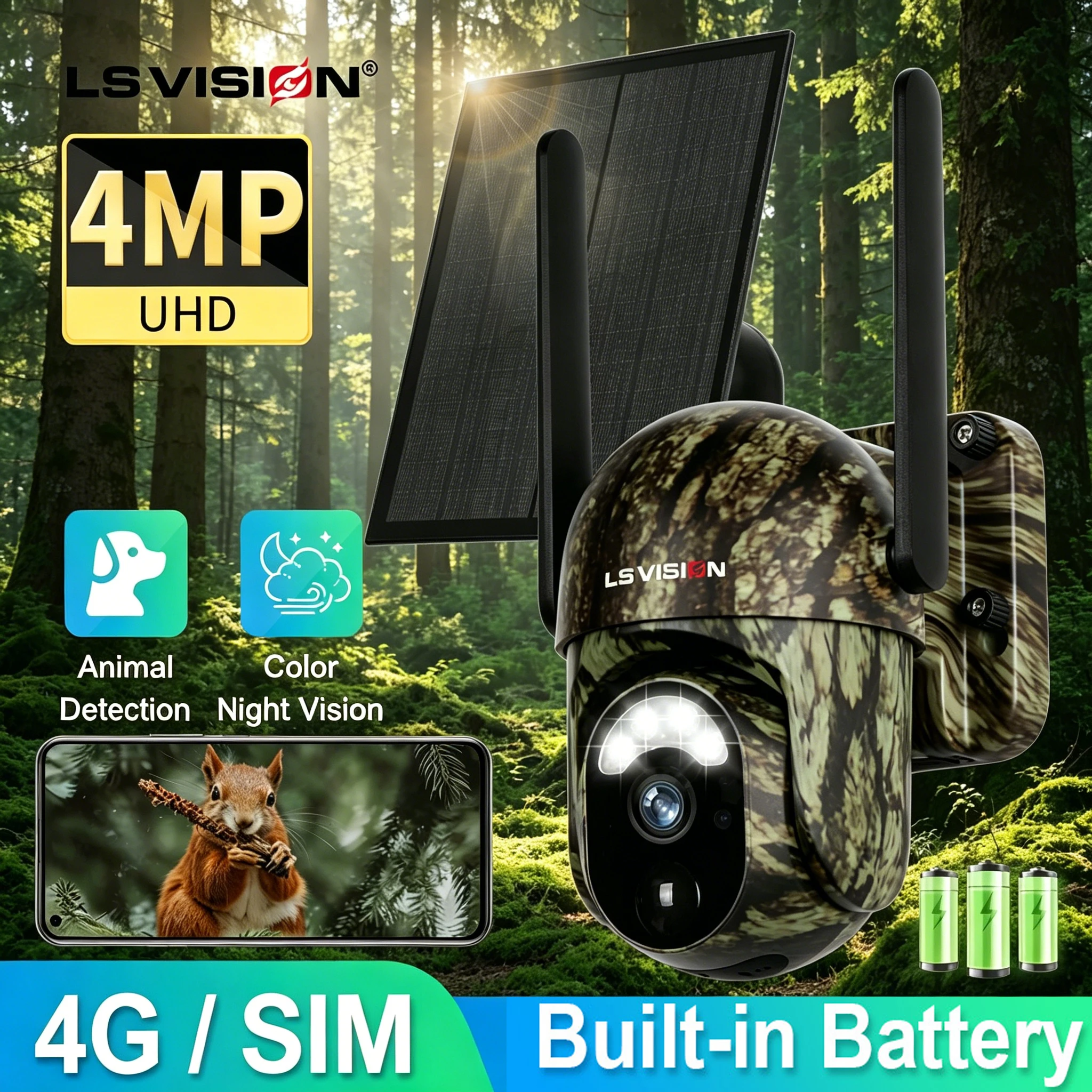 LS VISION 360 °   Caméra de Chasse Solaire Extérieure avec Vision Nocturne 2K et Détection de Mouvement PIR, Carte SIM UE, Détection Humaine PIR, Sans Besoin de WiFi, IP65, Caméra de Sécurité Solaire Camo, Application Ubox