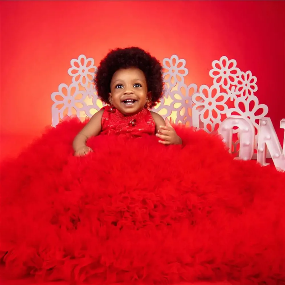 

Customized Red Flower Girl Dress For Wedding Beaded Sequins Layered Birthday Children Birthday Party First Communion Ball Gown