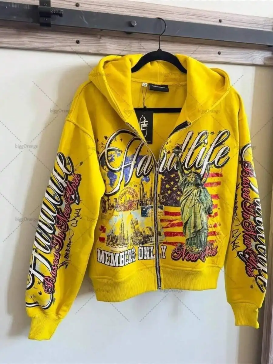 Sudadera con capucha y cremallera estilo streetwear | Sudadera Unisex Extra Grande con Estampado Gráfico | Estilo Vintage Y2K