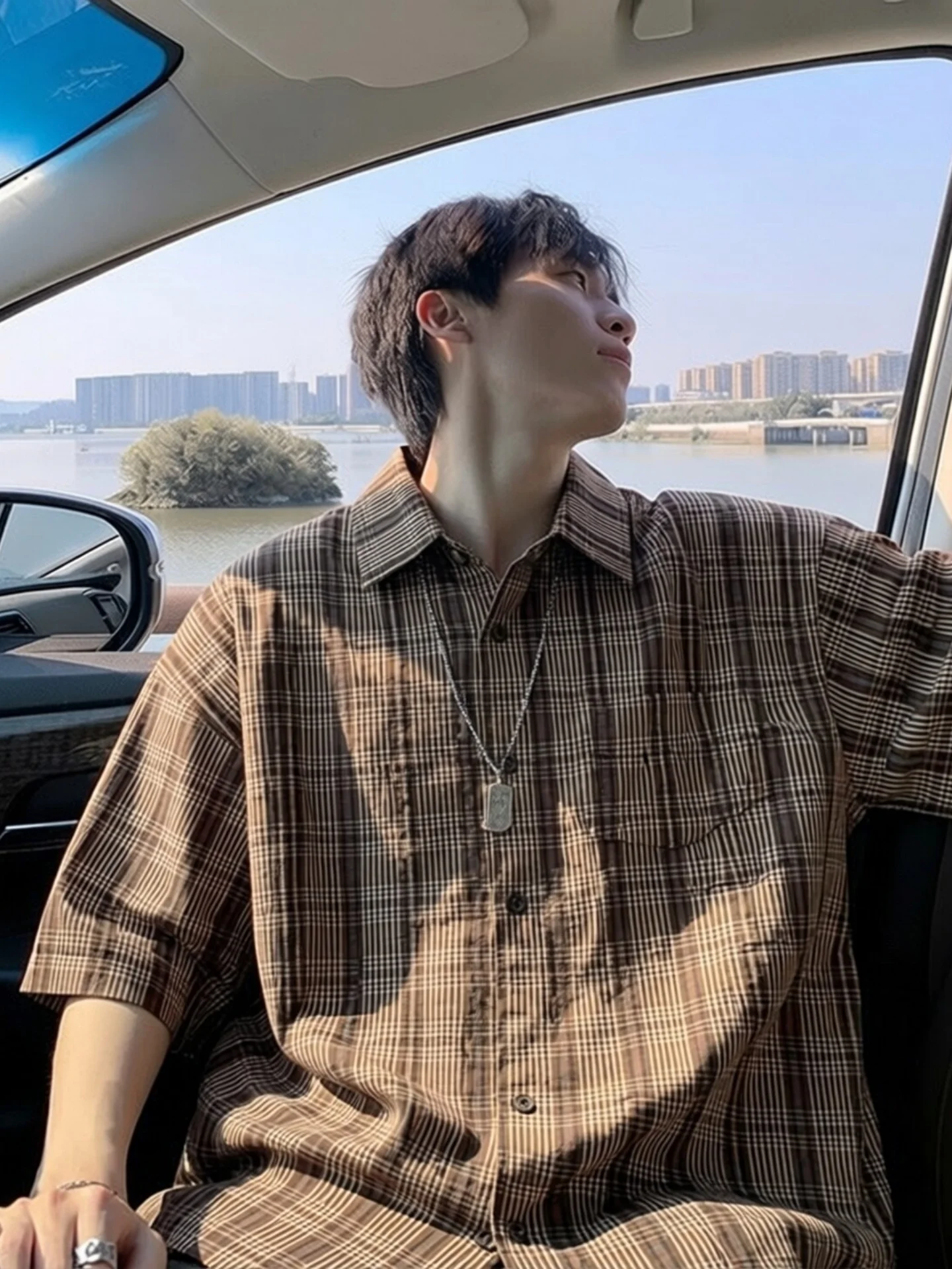 

Vintage Plaid Short Sleeve Shirt Men Summer Loose Trendy American Style Teenage Overlap Half Sleeve Shirt Casual Loose Fit