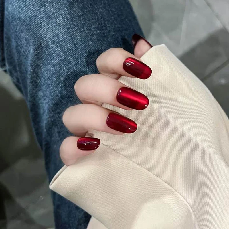 

10pcs Handmade Red Cat Eye Coffin Press on Nails with Tool Reusable Fake Nails Full Cover Artificial False Nail Manicure Art
