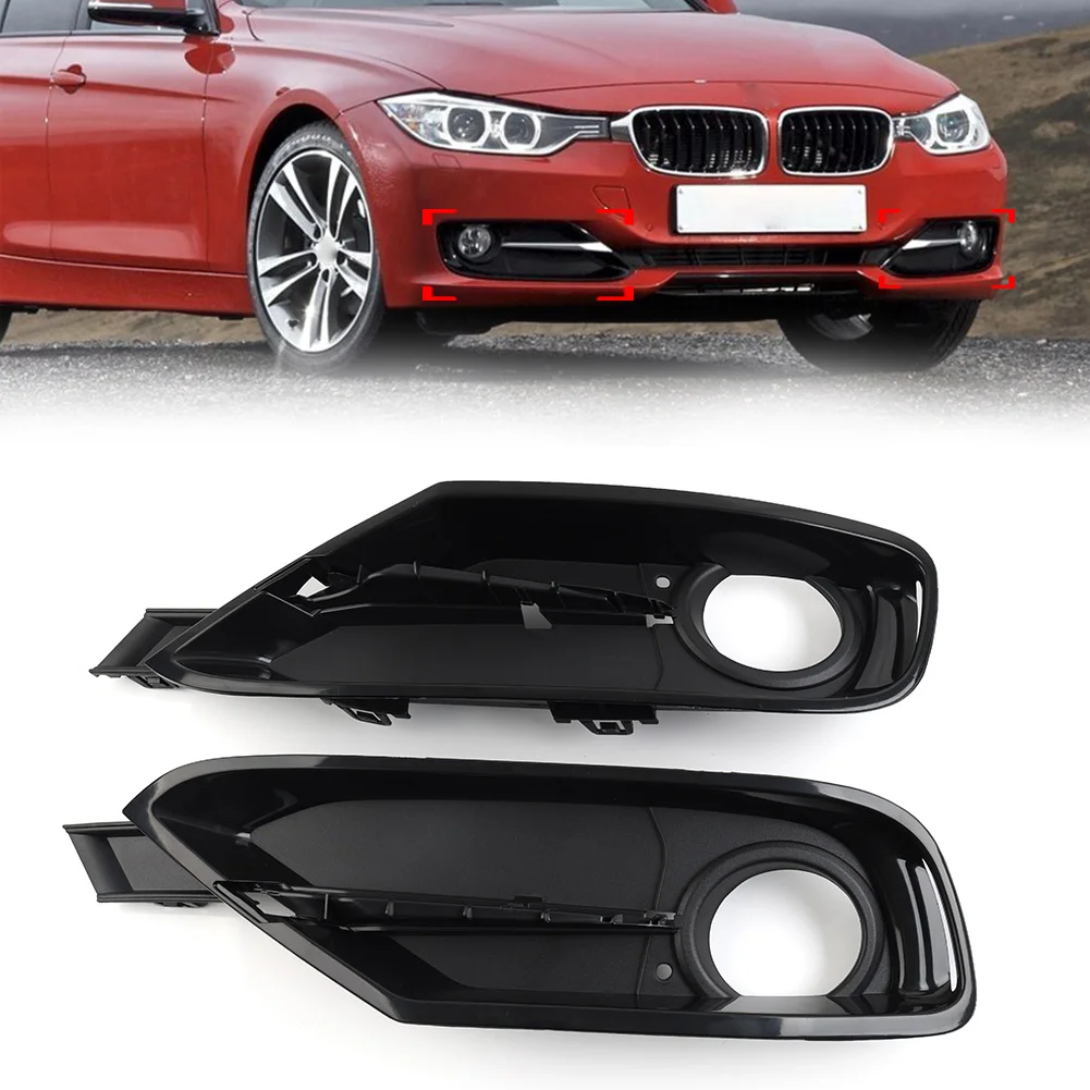 

2x Gloss Black Car Closed Grid Front Bumper Fog Light Lamp Grille W/O Silver Trim For BMW F30 F31 F35 F80 port Line 2012-2019