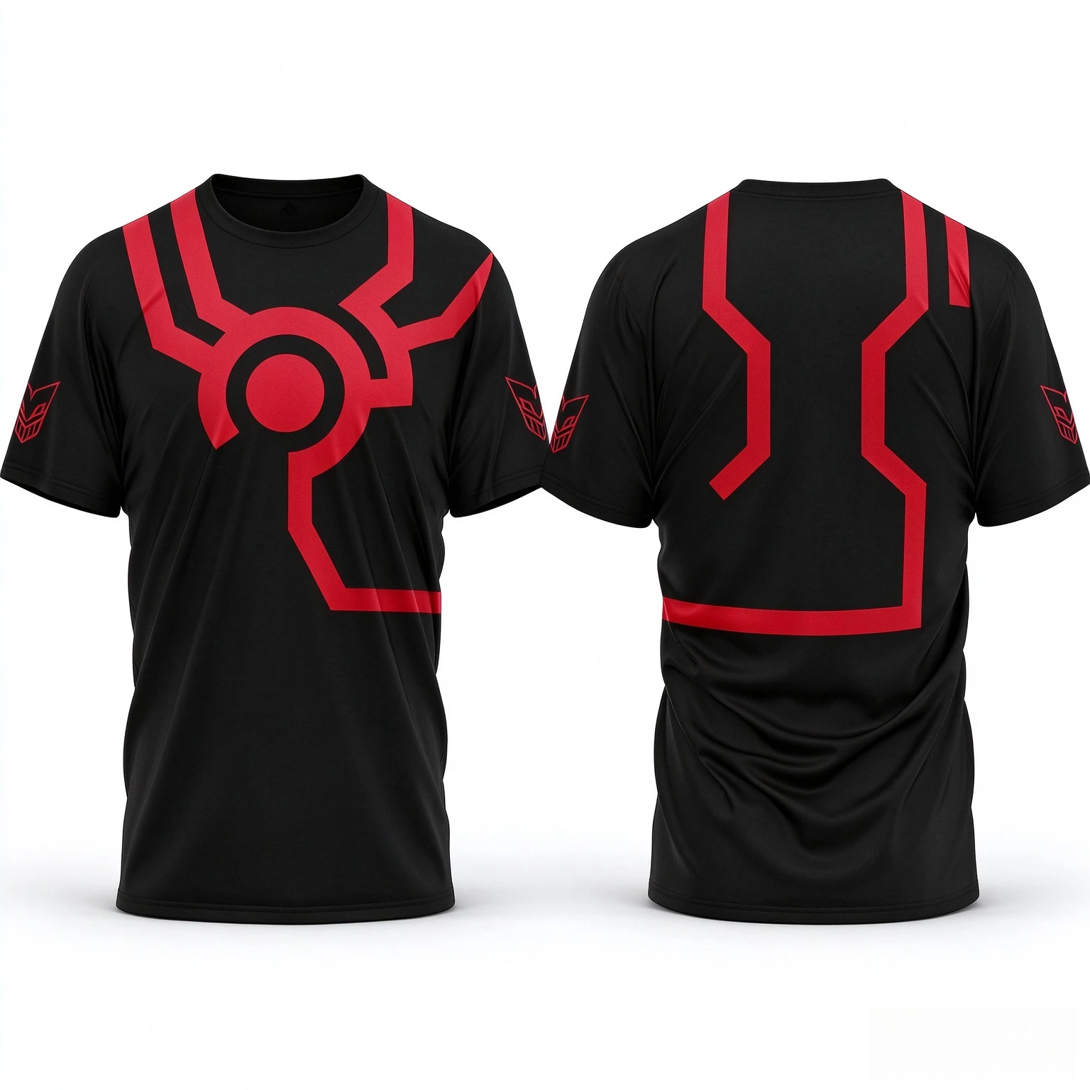 Double Sided Red Geometric Line Emblem Graphic T-shirt Unisex Futuristic Armor Pattern Print Tee Casual Men Women Short Sleeve