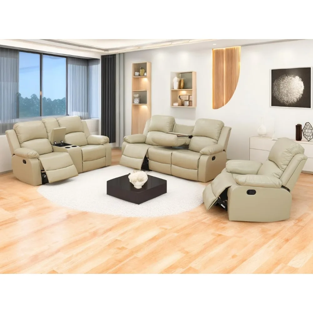 Beige Recliner Sofa Set, Manual Reclining Sofa Living Room Furniture Sets Bonded Leather Reclining sofas(Beige, 3PCS Set)