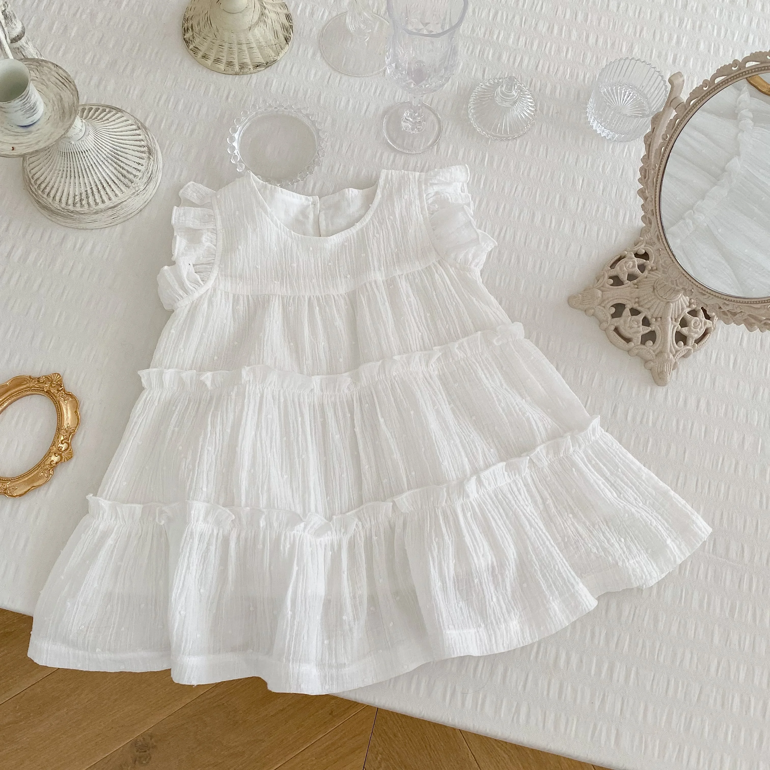 INS Summer Girls' Baby 0-5 Years Old Baby and Children's Round Neck Ruffled Flying Sleeves All Cotton Small Fresh White Skirt