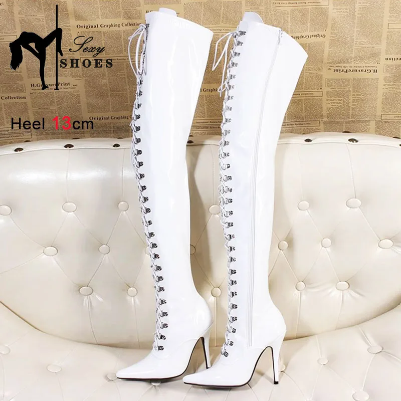 Over The Knee Boots Women High Heels Autumn Winter Sexy Pointed Toe Shoes Nightclub Queen Big Size 45 Side Zip Thigh Heels Boots