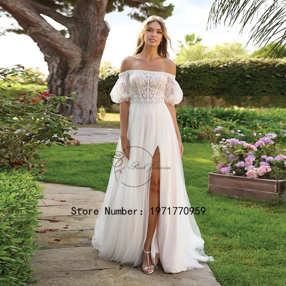 

Boat Neck Wedding Dresses For Princess Puff Sleeves Applique Elegant Bride Gowns Side Slit Zipper Back Court Train vestidos de