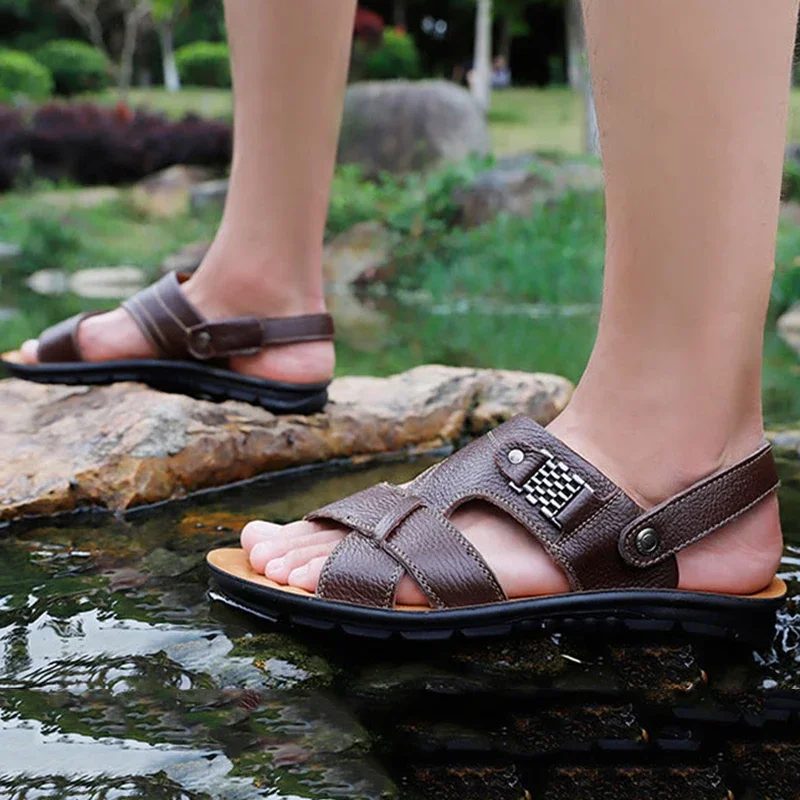 

Men Leather Sandals Summer Classic Men Shoes Slippers Soft Sandals Men Roman Comfortable Outdoor Walking Footwear Big Size 48