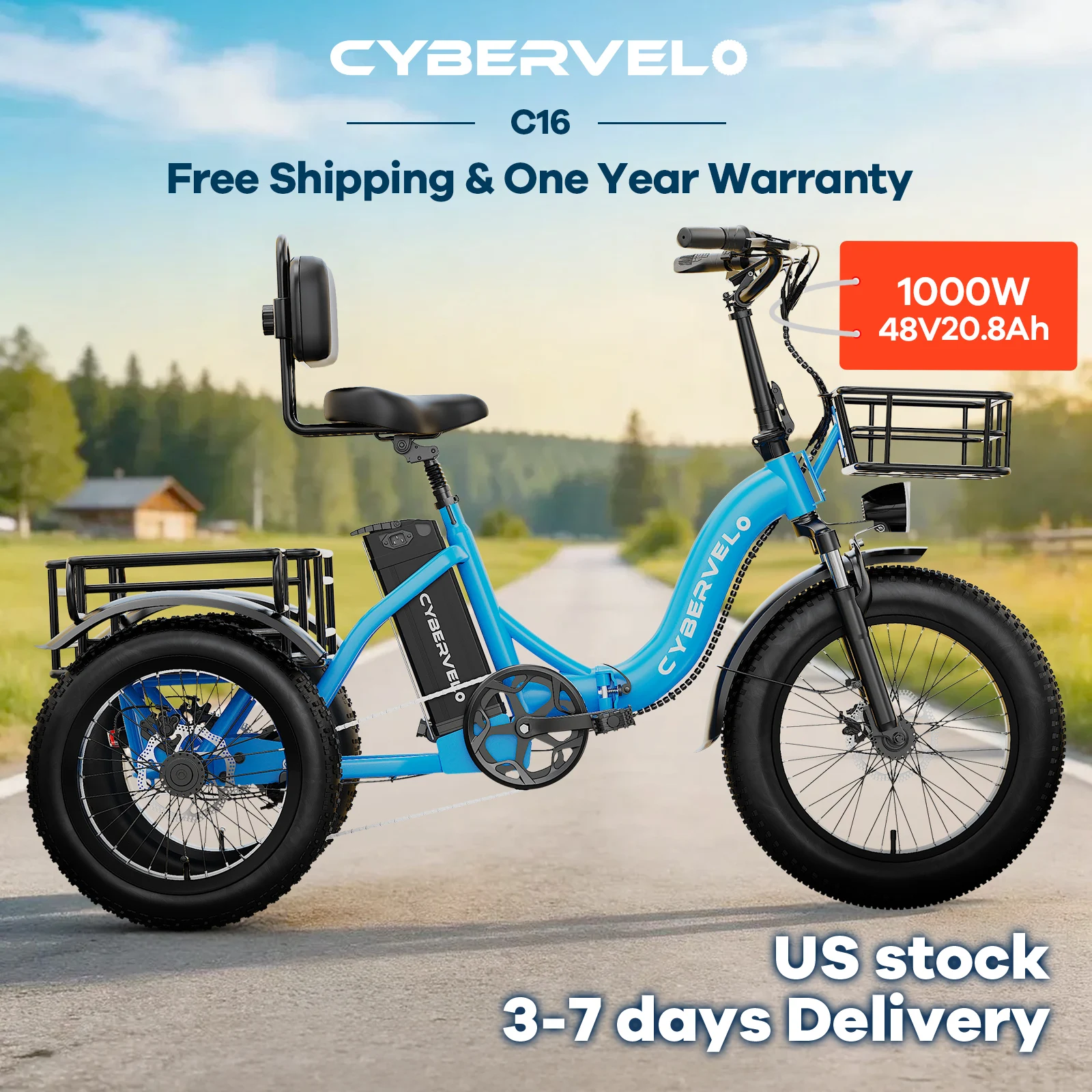 

Трехколесный складной электровелосипед для взрослых, 1000 Вт, 48 В, 20.8 Ач, со съемной батареей, 7 скоростей, для городских поездок, C16